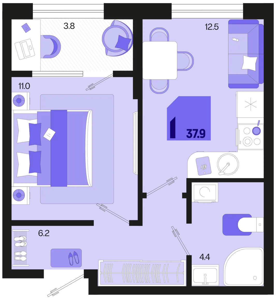 Планировка 1-комн. квартира, 37.9 м² ЖК «Первое место»