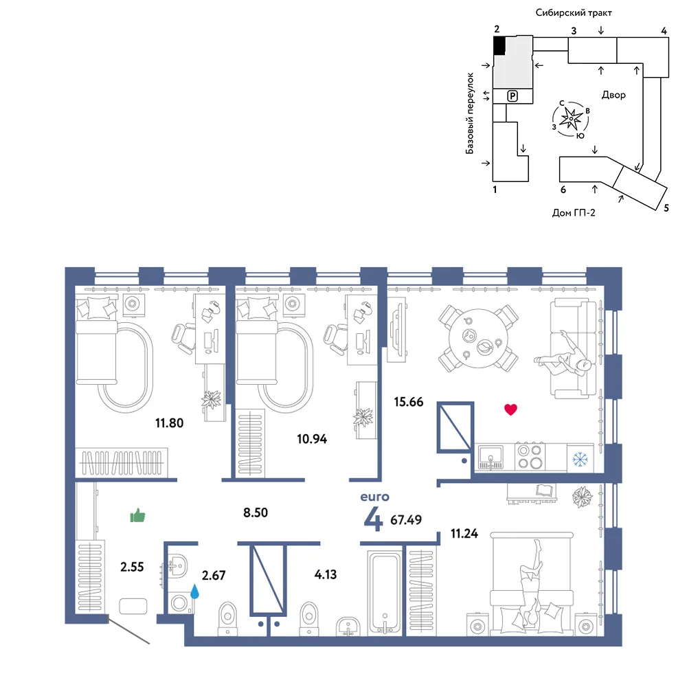 Планировка 4-комн. квартира, 67.49 м² ЖК «Сибирский сад»