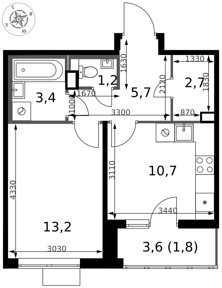 Планировка 1-комн. квартира, 38.7 м² ЖК «1-й Химкинский»
