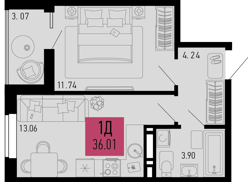 Планировка 1-комн. квартира, 36.01 м² ЖК «Столицыно»