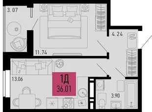 Планировка 1-комн. квартира, 36.01 м² ЖК «Столицыно»