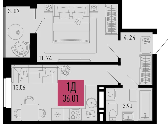 Планировка 1-комн. квартира, 36.01 м² ЖК «Столицыно» Планировка 1-комн. квартира, 36.01 м² ЖК «Столицыно»