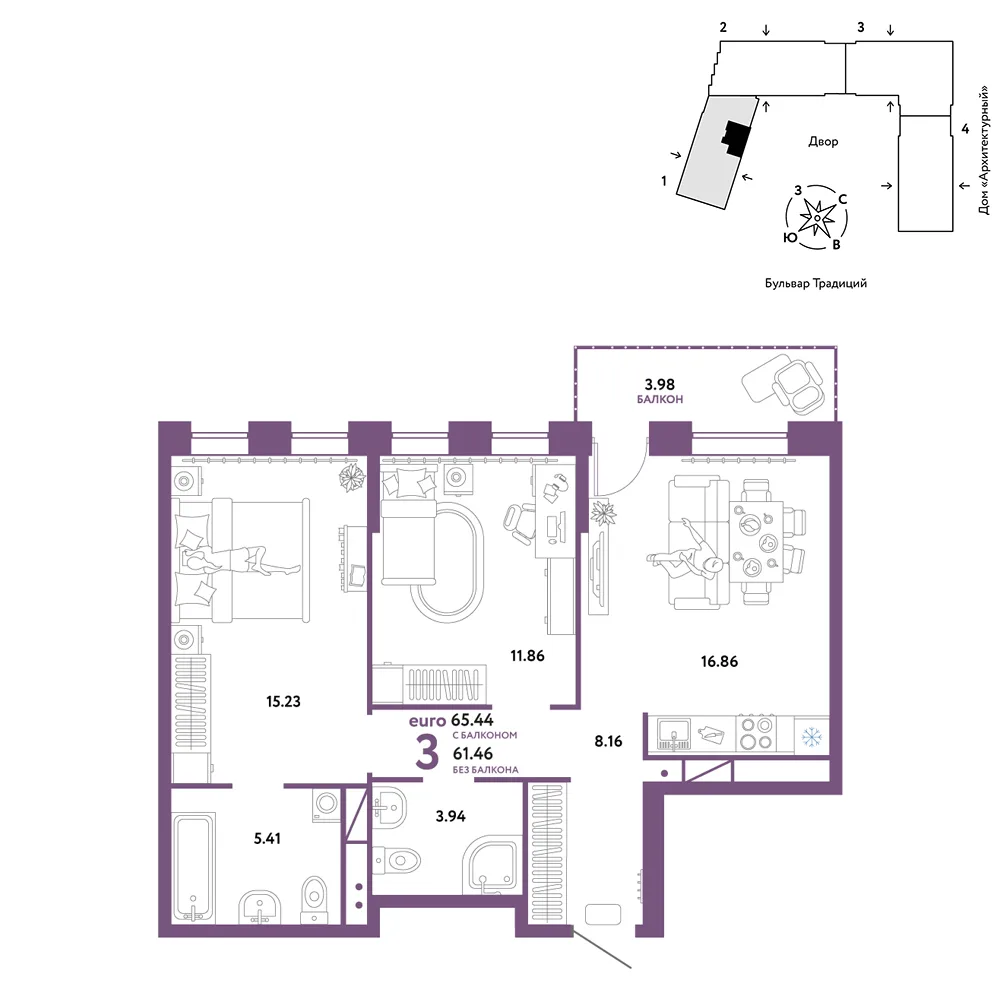 Планировка 3-комн. квартира, 65.44 м² ЖК «Микрорайон Домашний»