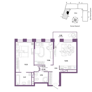 Планировка 3-комн. квартира, 65.44 м² ЖК «Микрорайон Домашний»