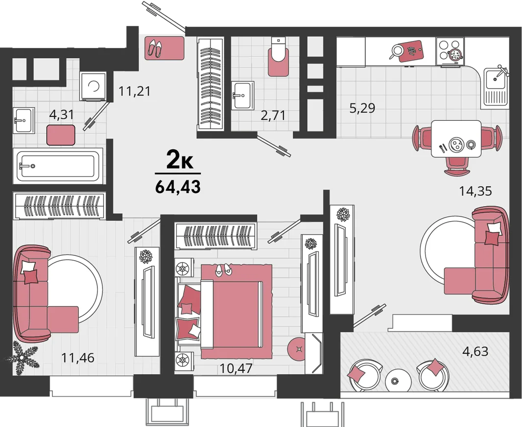 Планировка 3-комн. квартира, 64.43 м² ЖК «Родные просторы»