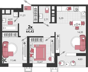 Планировка 3-комн. квартира, 64.43 м² ЖК «Родные просторы»
