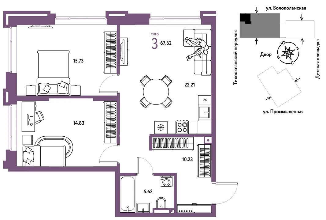 Планировка 3-комн. квартира, 67.62 м² ЖК «Страна Прибрежная»