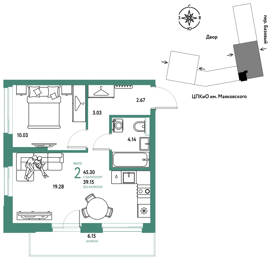Планировка 2-комн. квартира, 45.3 м² ЖК «Сибирский сад»