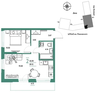 Планировка 2-комн. квартира, 45.3 м² ЖК «Сибирский сад»
