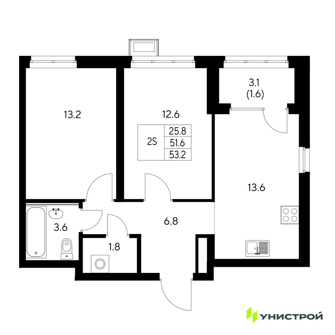 Планировка 2-комн. квартира, 53.2 м² ЖК «Стадиум»