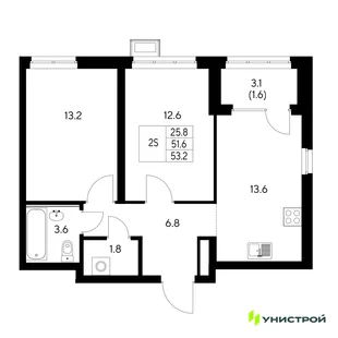 Планировка 2-комн. квартира, 53.2 м² ЖК «Стадиум»