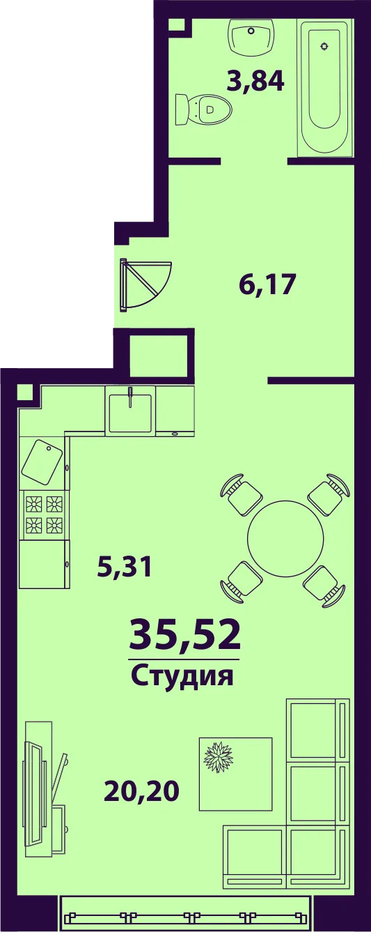 Планировка 1-комн. квартира, 35.52 м² ЖК «Сиреневый» Планировка 1-комн. квартира, 35.52 м² ЖК «Сиреневый»