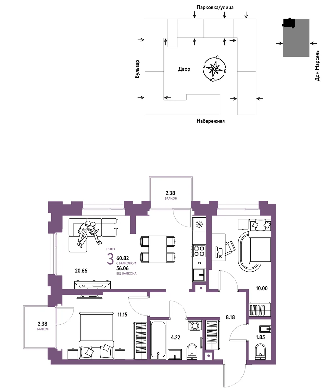 Планировка 3-комн. квартира, 60.82 м² ЖК «Европейский берег 2.0»