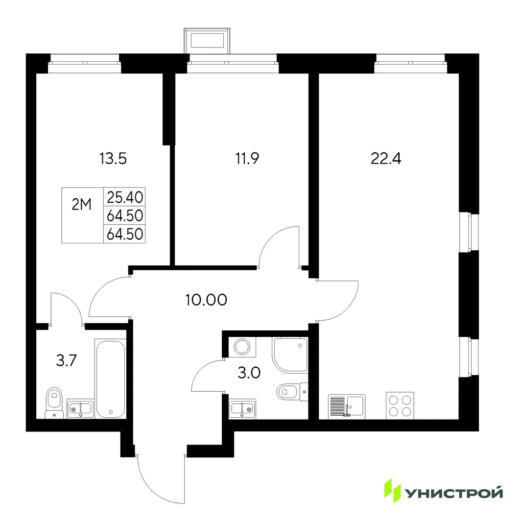Планировка 2-комн. квартира, 64.5 м² ЖК «Стадиум»