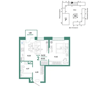 Планировка 2-комн. квартира, 36.92 м² ЖК «Юнион»