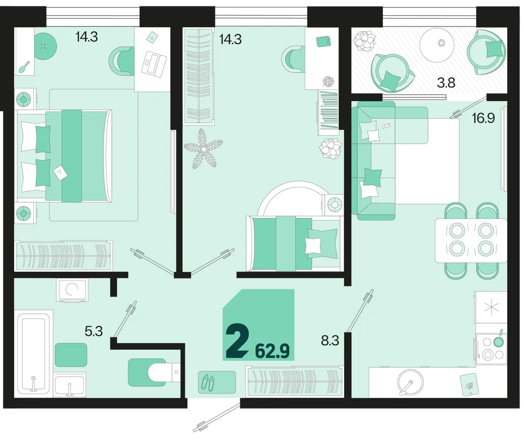 Планировка 2-комн. квартира, 62.9 м² ЖК «Первое место»
