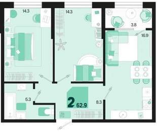 Планировка 2-комн. квартира, 62.9 м² ЖК «Первое место»