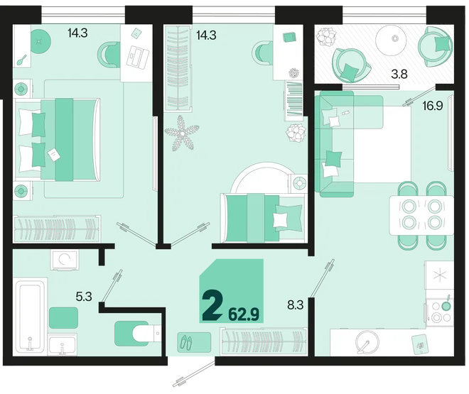 Планировка 2-комн. квартира, 62.9 м² ЖК «Первое место» Планировка 2-комн. квартира, 62.9 м² ЖК «Первое место»