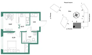 Планировка 2-комн. квартира, 35.17 м² ЖК «Сибирский сад»