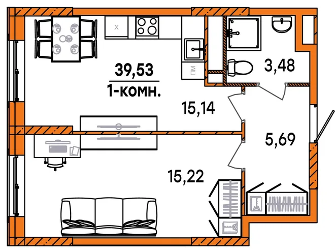 Планировка 1-комн. квартира, 39.53 м² ЖК «Юность» Планировка 1-комн. квартира, 39.53 м² ЖК «Юность»