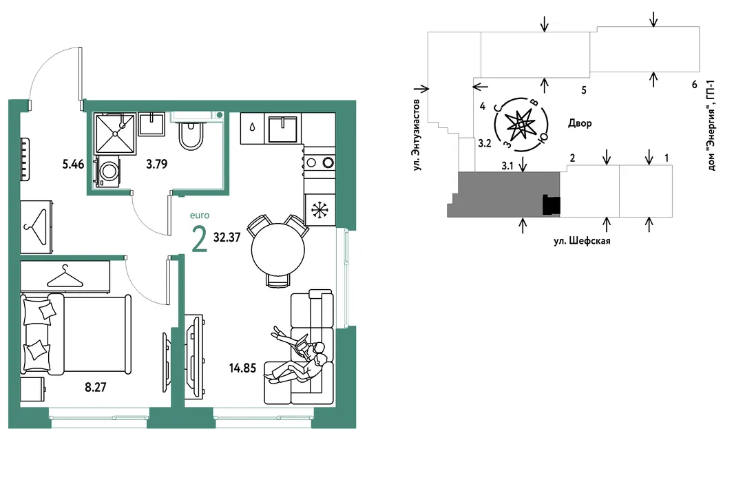 Планировка 2-комн. квартира, 32.37 м² ЖК «Страна.Энтузиастов»