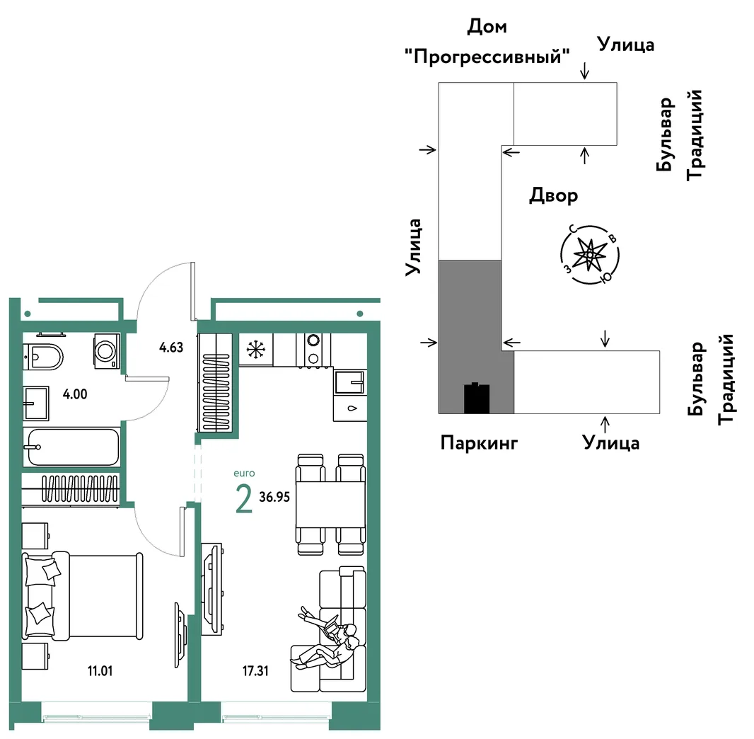 Планировка 2-комн. квартира, 36.95 м² ЖК «Микрорайон Домашний»