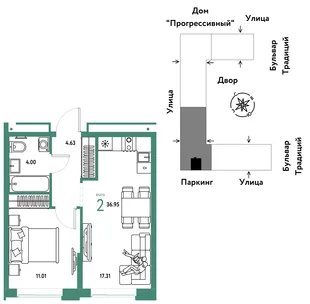 Планировка 2-комн. квартира, 36.95 м² ЖК «Микрорайон Домашний»