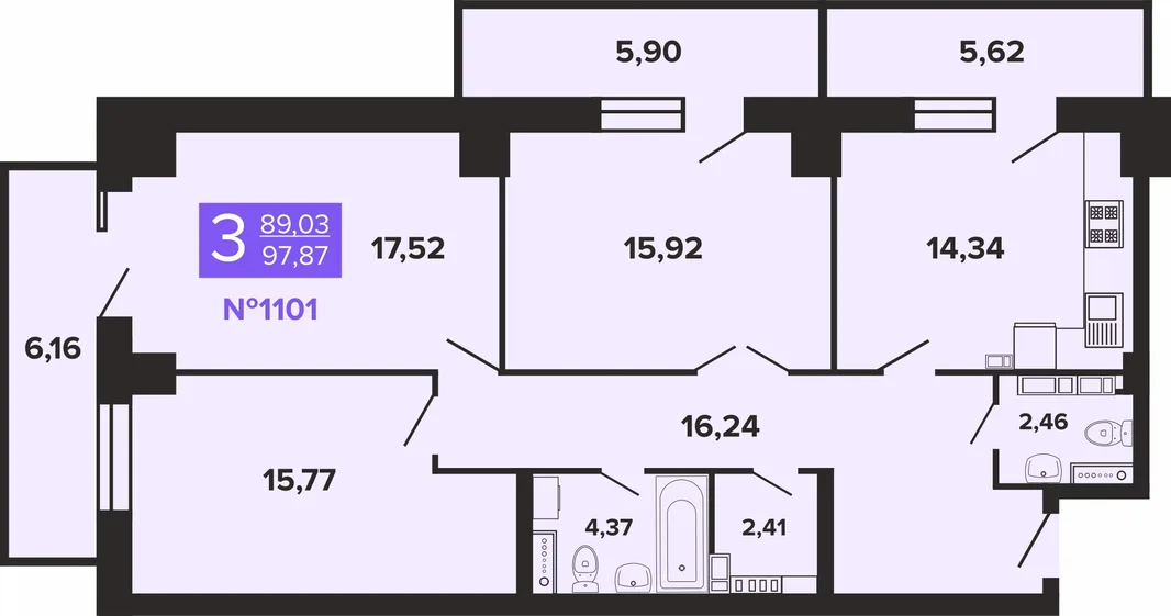 Планировка 3-комн. квартира, 97.87 м² ЖК «Художники»