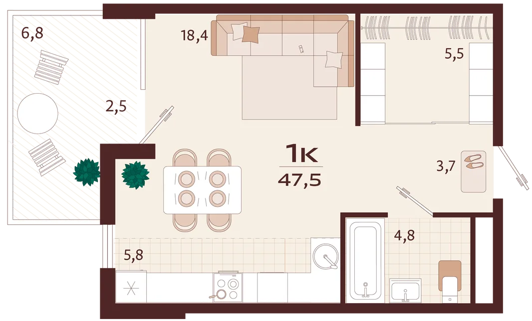 Планировка 1-комн. квартира, 47.5 м² ЖК «Роялта»