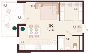 Планировка 1-комн. квартира, 47.5 м² ЖК «Роялта»