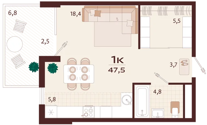 Планировка 1-комн. квартира, 47.5 м² ЖК «Роялта» Планировка 1-комн. квартира, 47.5 м² ЖК «Роялта»