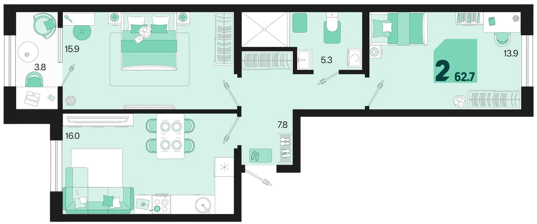 Планировка 2-комн. квартира, 62.7 м² ЖК «Первое место»