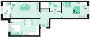 Планировка 2-комн. квартира, 62.7 м² ЖК «Первое место»