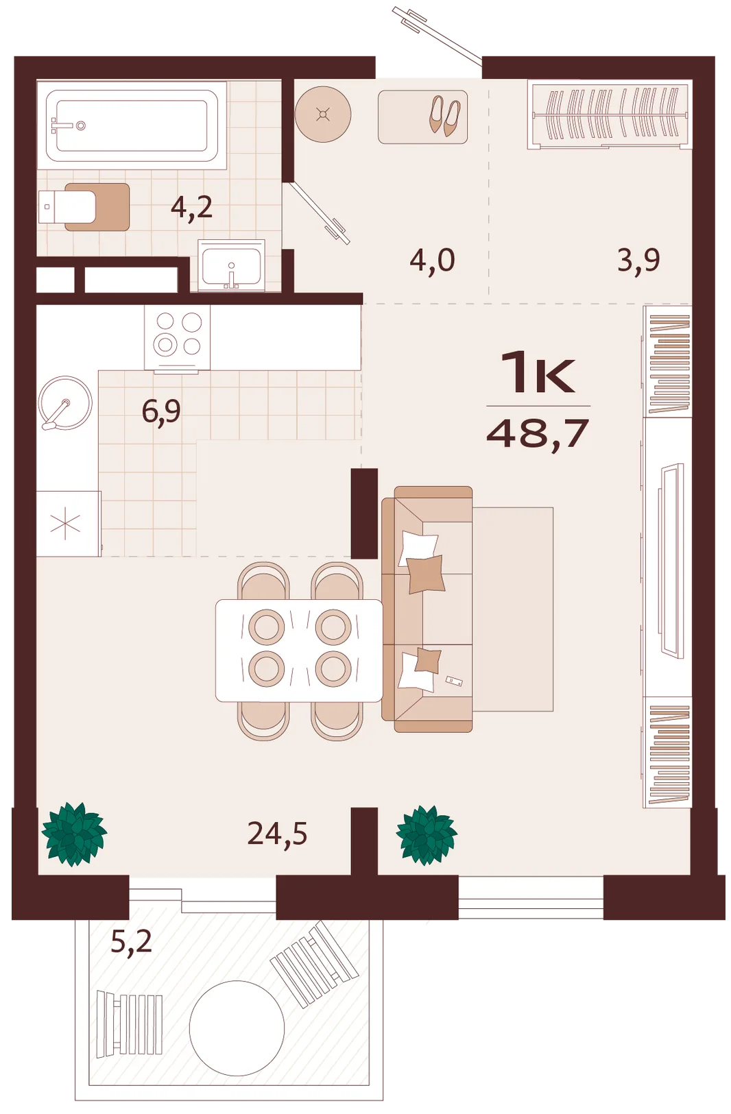 Планировка 1-комн. квартира, 48.7 м² ЖК «Роялта»