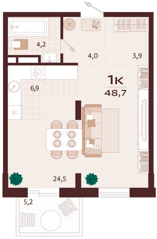 Планировка 1-комн. квартира, 48.7 м² ЖК «Роялта»