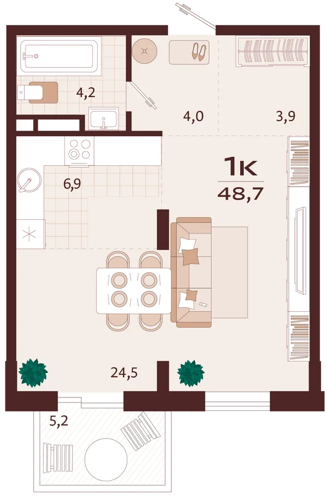 Планировка 1-комн. квартира, 48.7 м² ЖК «Роялта» Планировка 1-комн. квартира, 48.7 м² ЖК «Роялта»