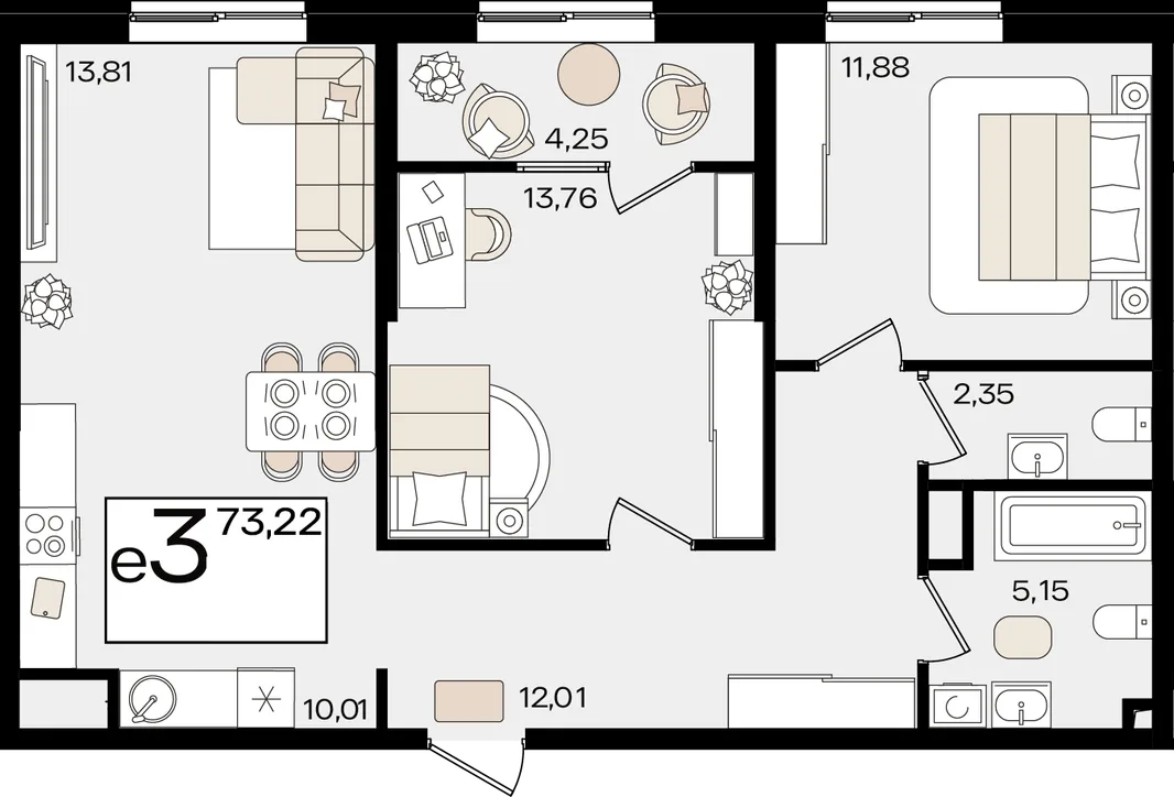 Планировка 3-комн. квартира, 73.22 м² ЖК «Патрики»