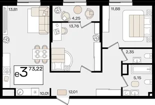 Планировка 3-комн. квартира, 73.22 м² ЖК «Патрики»