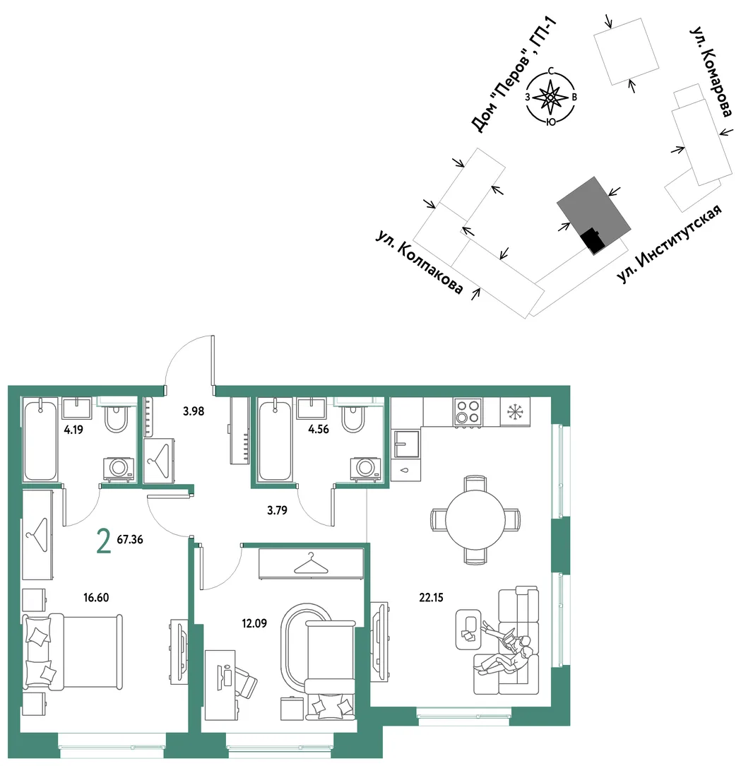 Планировка 2-комн. квартира, 67.36 м² ЖК «Страна.Парковая»