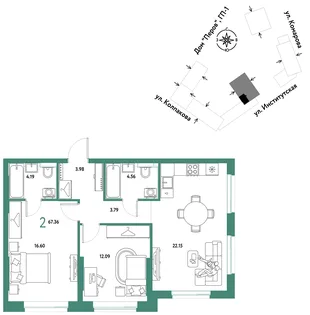 Планировка 2-комн. квартира, 67.36 м² ЖК «Страна.Парковая»