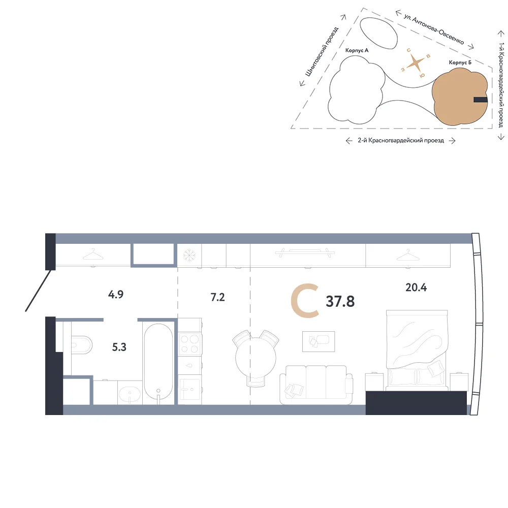 Планировка Студия, 37.8 м² ЖК «АУРУС Резиденции»