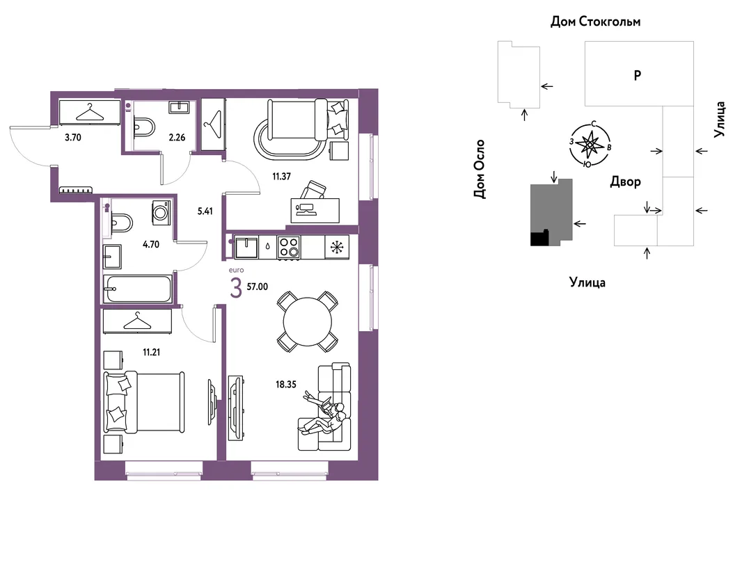 Планировка 3-комн. квартира, 57 м² ЖК «Европейский берег 2.0»