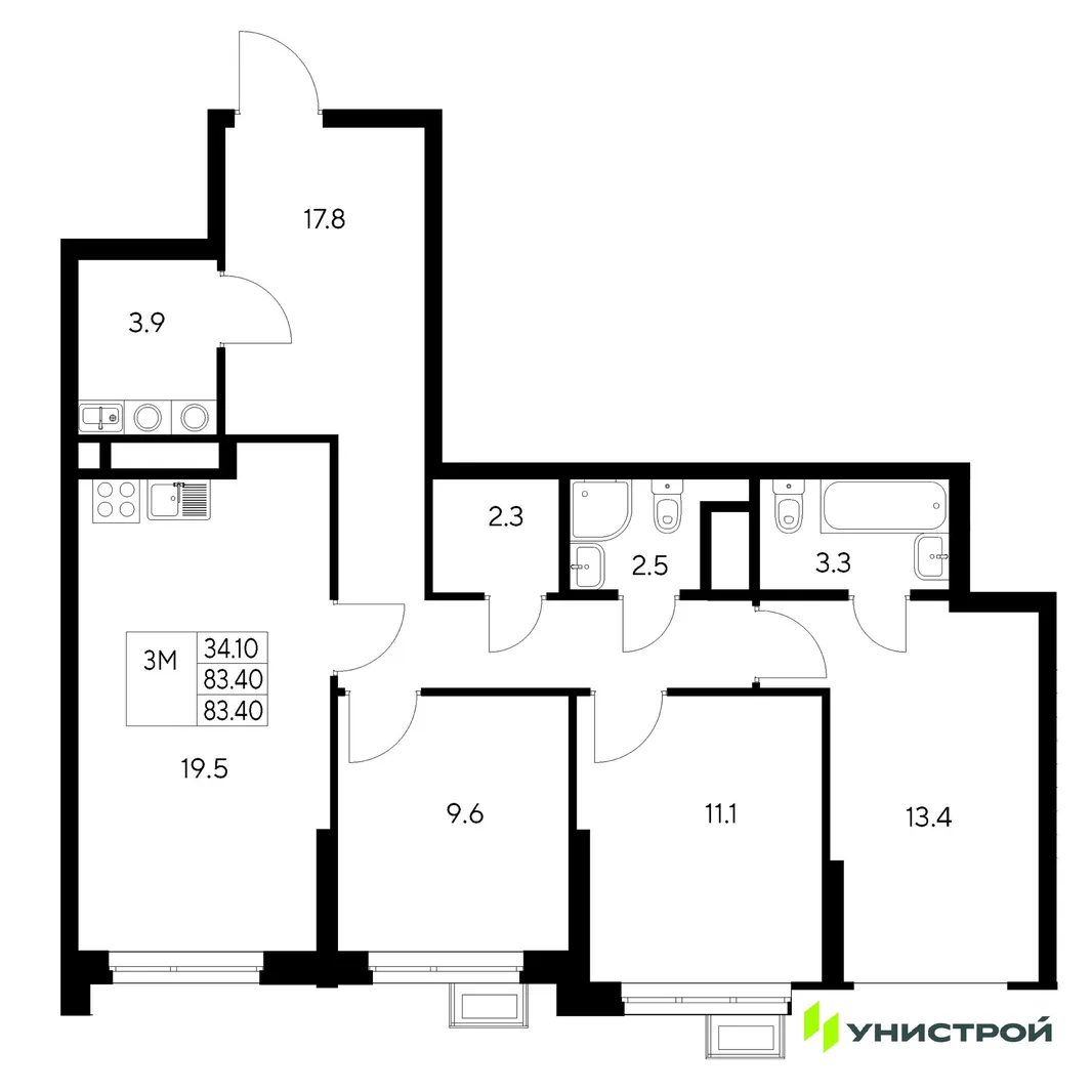 Планировка 3-комн. квартира, 83.4 м² ЖК «Стадиум»