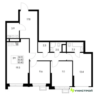 Планировка 3-комн. квартира, 83.4 м² ЖК «Стадиум»