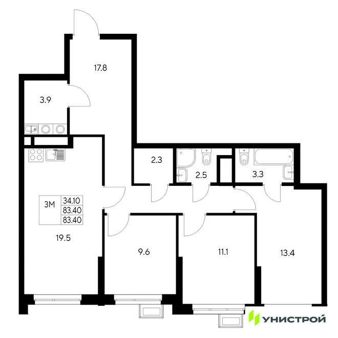Планировка 3-комн. квартира, 83.4 м² ЖК «Стадиум» Планировка 3-комн. квартира, 83.4 м² ЖК «Стадиум»