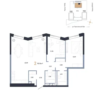 Планировка 2-комн. квартира, 93.16 м² ЖК «Репаблик»