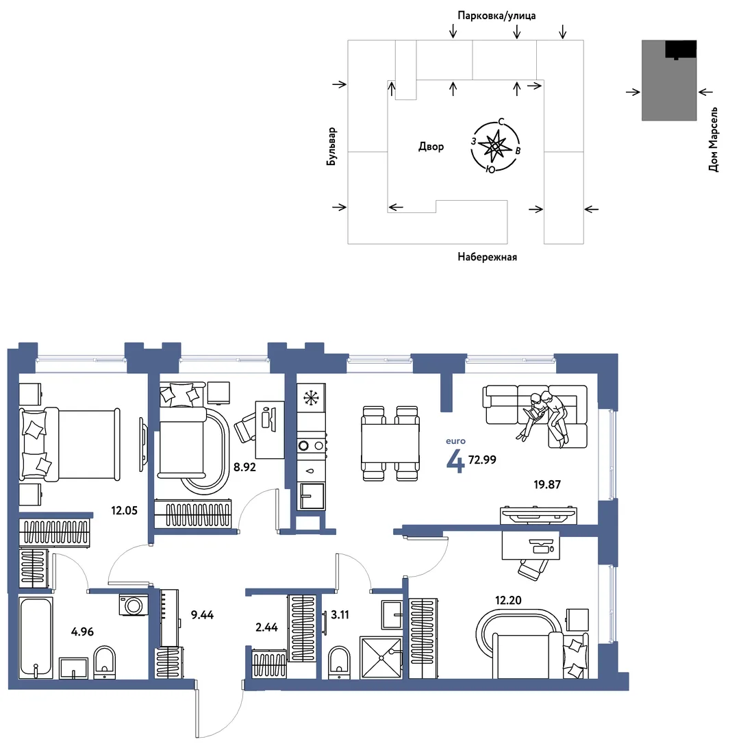 Планировка 4-комн. квартира, 72.99 м² ЖК «Европейский берег 2.0»