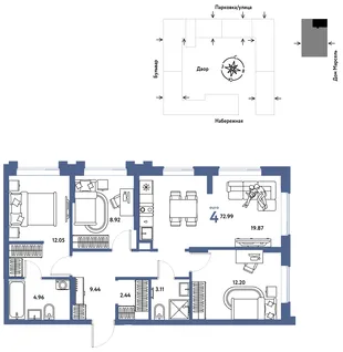 Планировка 4-комн. квартира, 72.99 м² ЖК «Европейский берег 2.0»