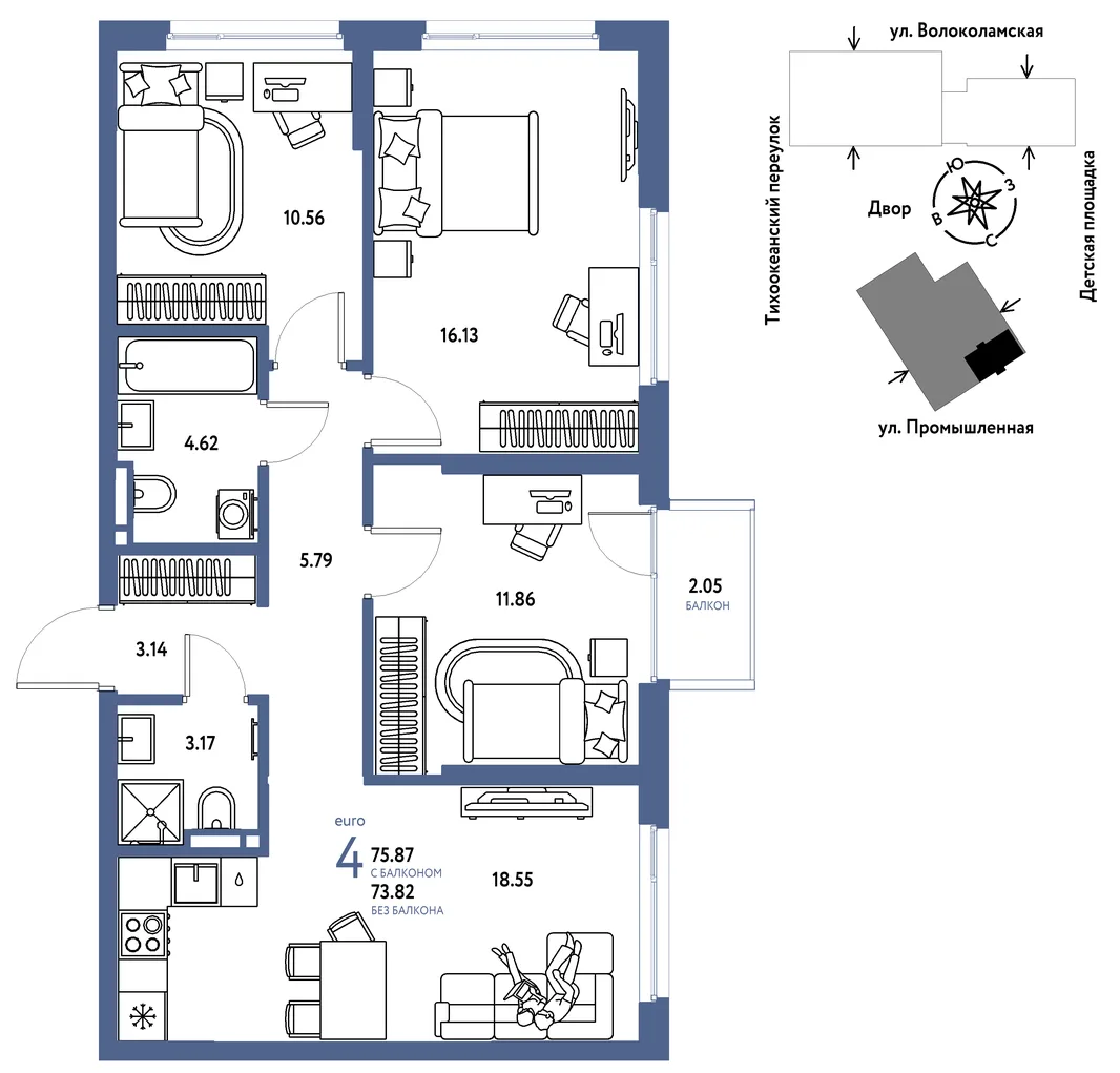 Планировка 4-комн. квартира, 75.87 м² ЖК «Страна Прибрежная»