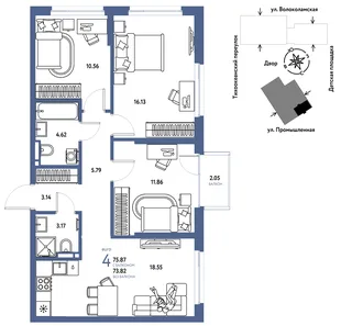 Планировка 4-комн. квартира, 75.87 м² ЖК «Страна Прибрежная»